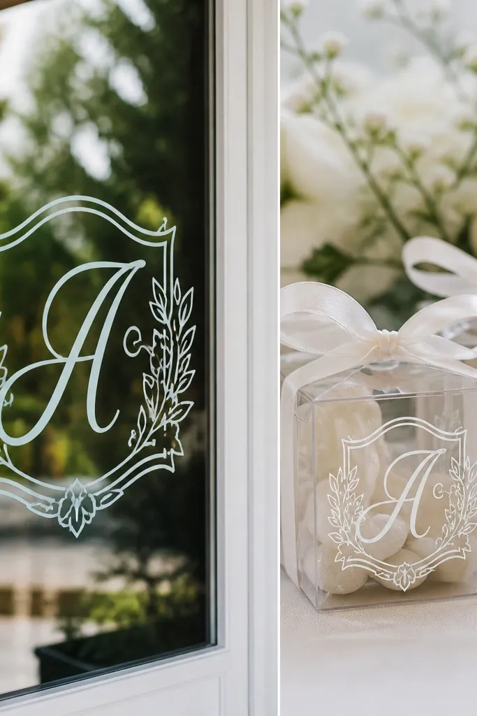 Clear window-style monogram stickers with a white outline, placed on a glass door and on favor boxes.