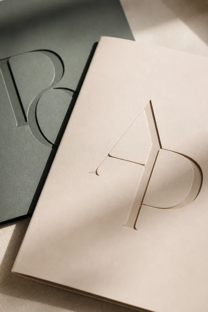 Wedding program booklet covers with large cut-letters or vinyl applied typography on a thick cardstock cover.