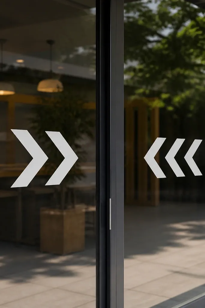 Vinyl cling arrows and text on car windows or glass doors, arranged with clear spacing and bold arrows.