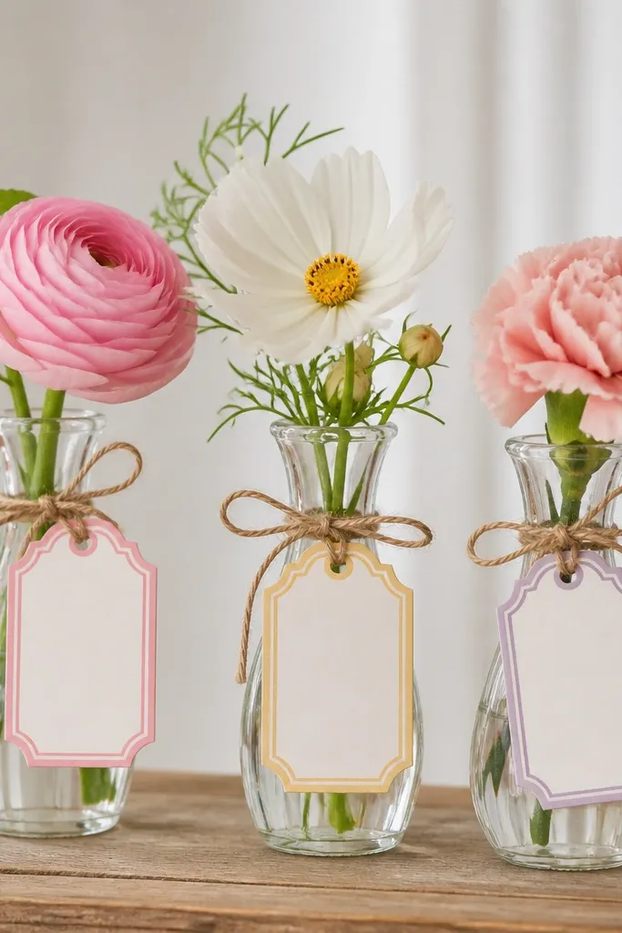 Small tags tied to bud vases with twine, showing a layered vinyl border and short flower name text.
