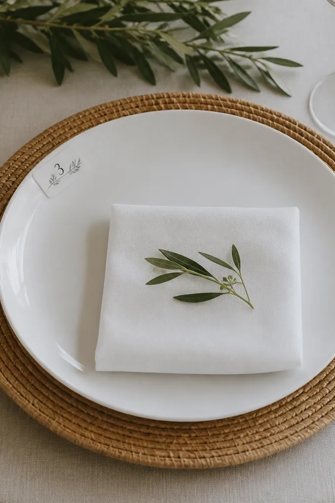 Chargers with small corner stickers showing table number and a minimalist icon, placed consistently on each setting.