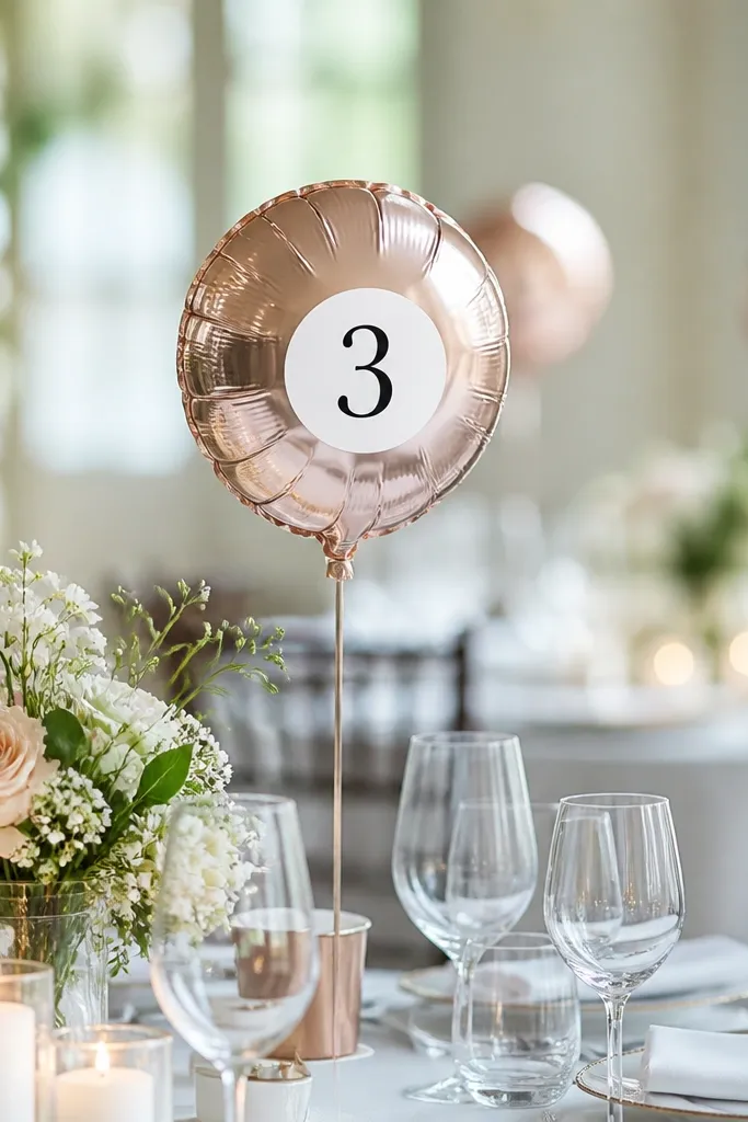 Small balloons with table number stickers attached, with a metallic foil-look effect and clean numbers.