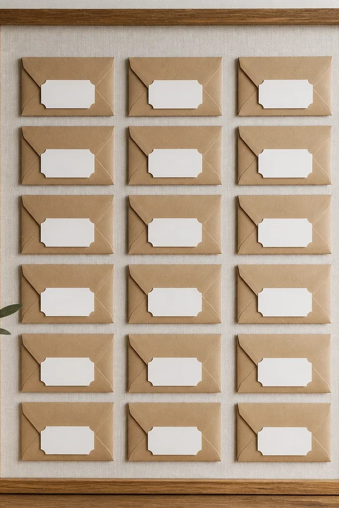 Small kraft envelopes with crisp address-style labels cut by Cricut, arranged in a grid on a display board.