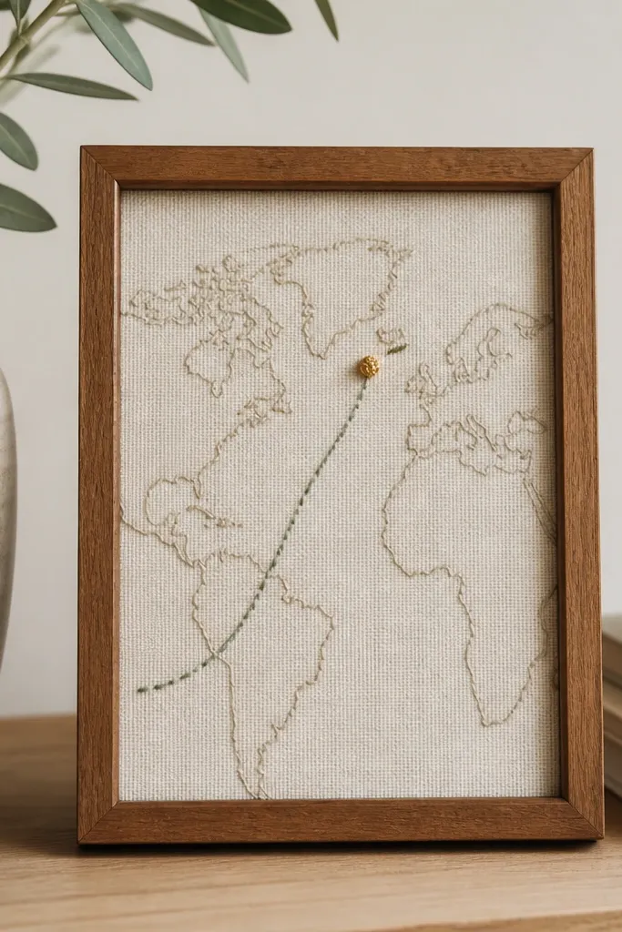 A small 8x10 frame holding a fabric map print with a stitched line and a tiny gold thread pin marking coordinates; the fabric background is cream and the stitched line is muted sage.