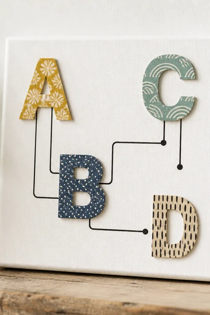 A small stretched canvas with large cutout letters made from patterned cardstock, layered over solid white paint; thin black marker lines connect the letters like a simple circuit.