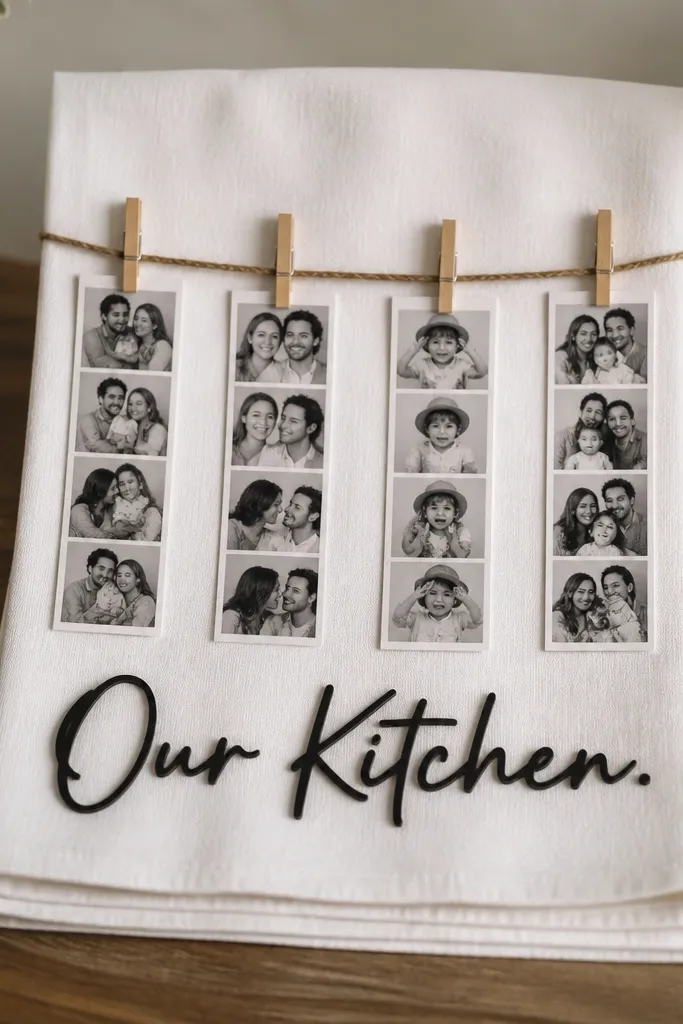A white tea towel folded on a table featuring four mini photo strips pinned with clothespins, plus two vinyl words on the bottom in black: "Our Kitchen".