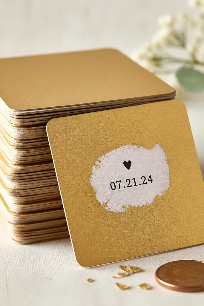 A stack of small cards each with a gold scratch surface; a black printed date sits under the scratch layer, with a tiny heart icon above it.