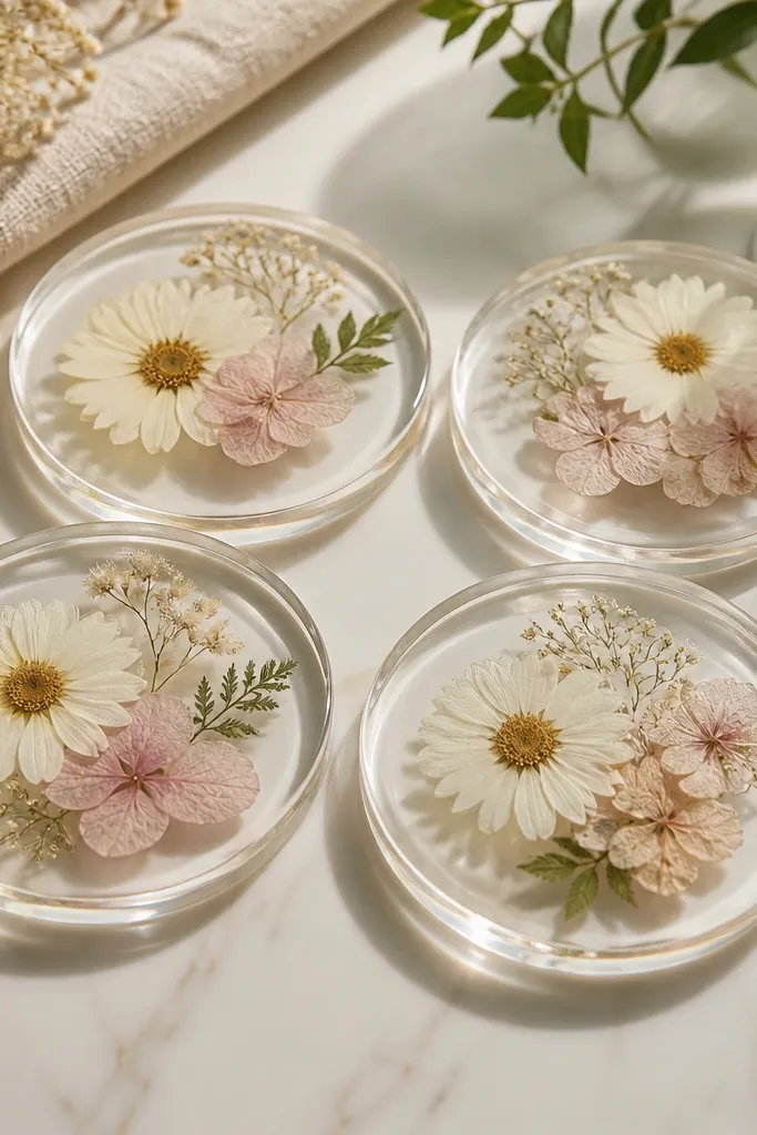 Four round coasters in a clear resin finish with pressed white and pale pink flowers suspended under glassy edges; the flowers are centered and slightly off-mirror.