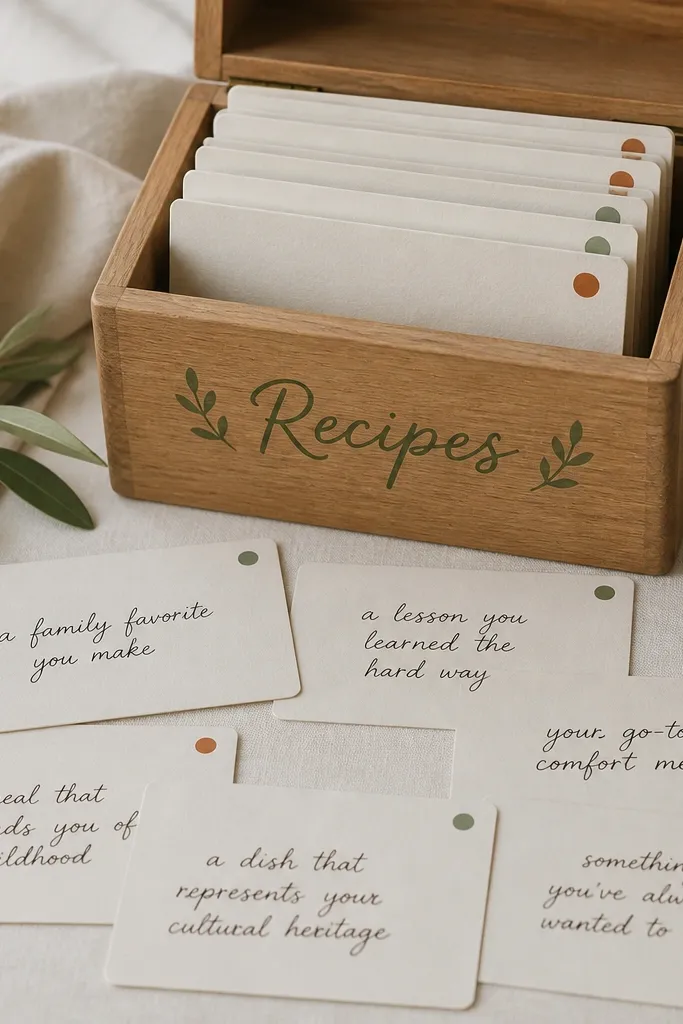 A small wooden recipe box labeled with a painted script title; inside are 12 cards with handwritten prompts in black ink and small colored corner dots in sage and terracotta.