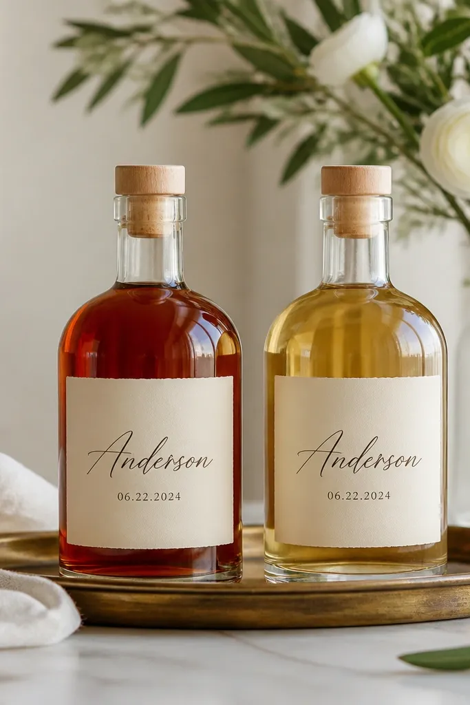 Two glass bottles on a tray with cream labels; the labels show a simple script last name and a wedding date in smaller block text below.