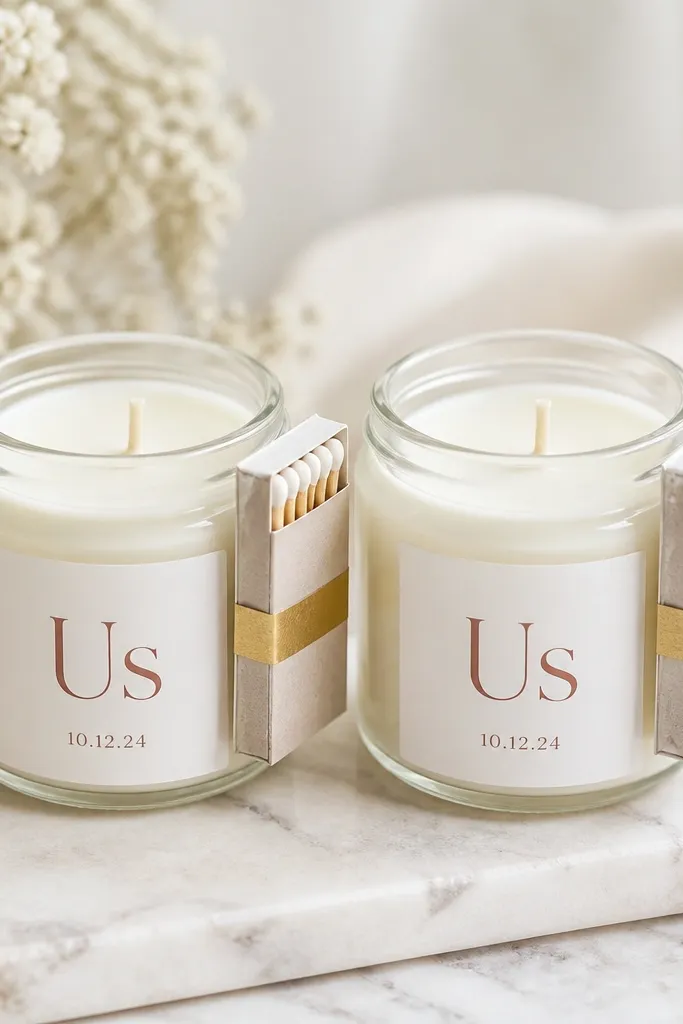 Two small jar candles with matching labels reading "Us" and their wedding date; a mini matchbook is taped to the side with thin gold tape.