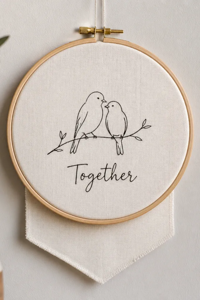 A 6-inch embroidery hoop with a fabric banner inside; the banner has a hand-painted line drawing of two birds and the words "Together" in black.