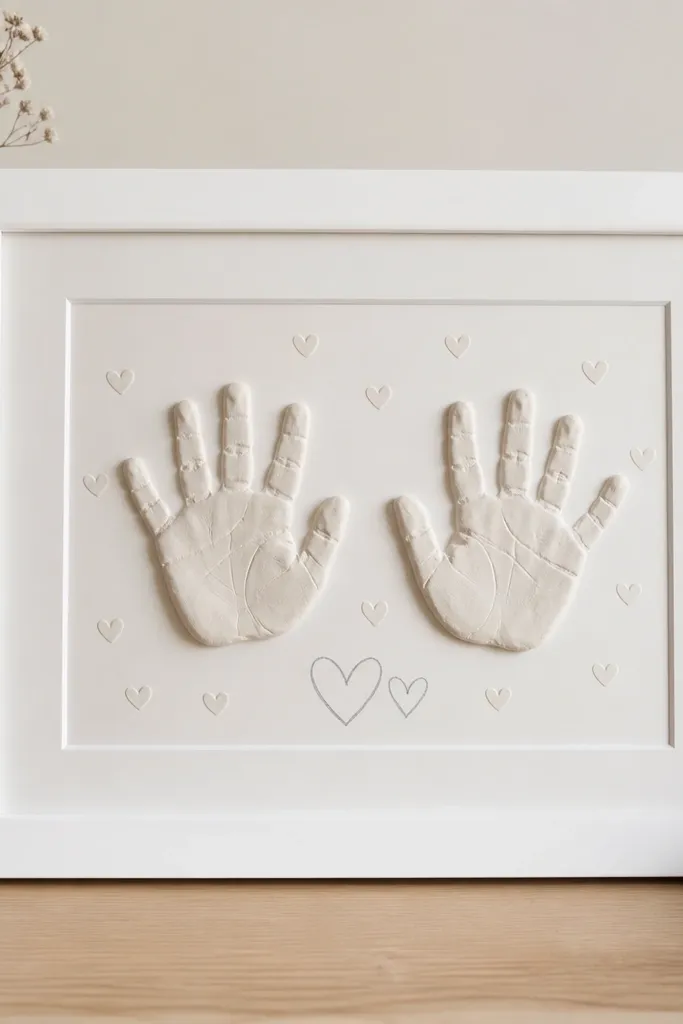 A white frame with two small air-dry clay handprints set in the center; tiny stamped hearts surround the prints, and the couple's names are written below in pencil.