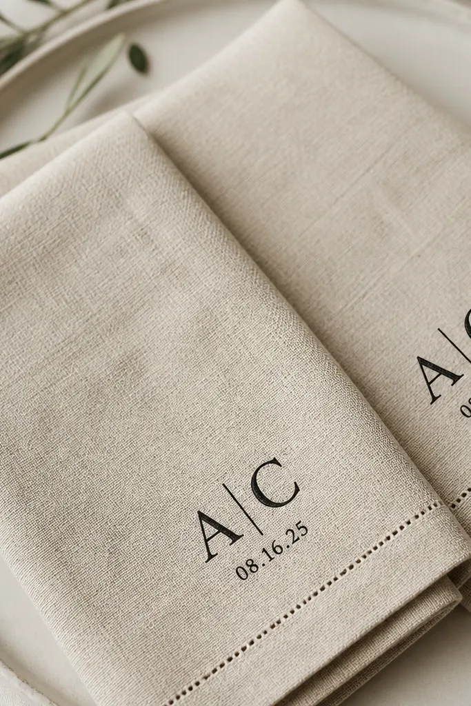 Two light beige linen napkins folded with black ink stamp initials on the corner and a small date below; the ink looks matte and crisp.