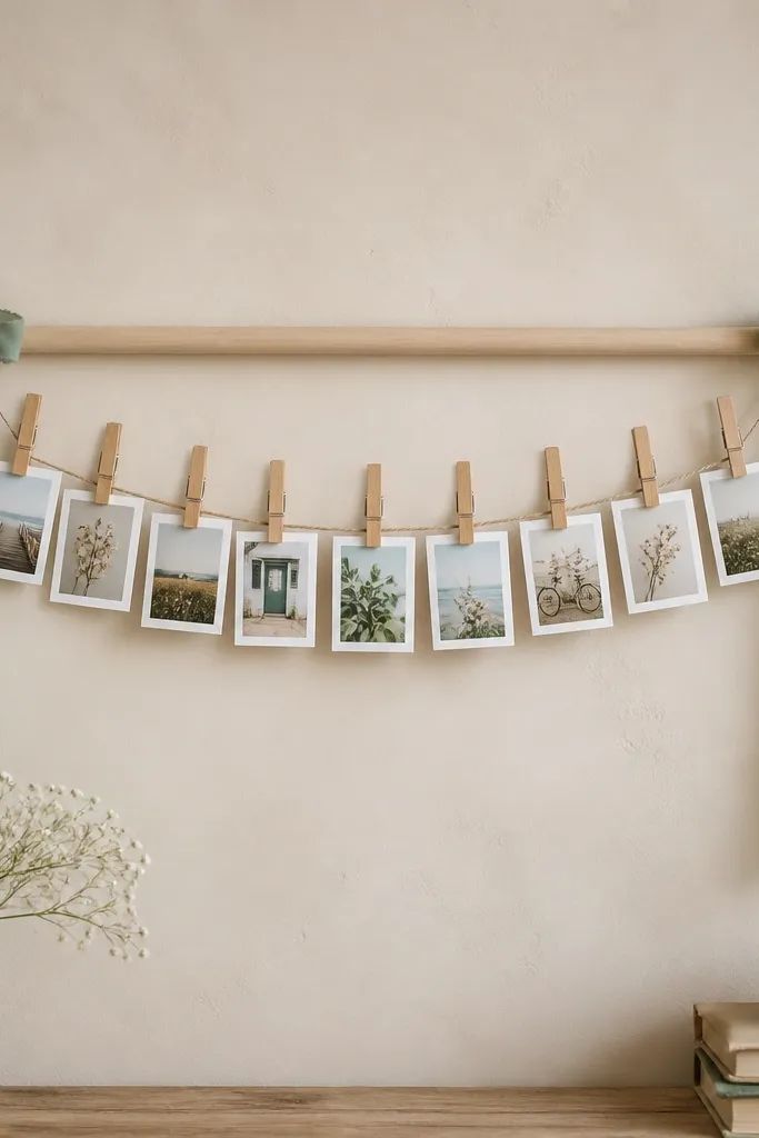 A string garland across a wooden dowel with 10 small photo clips; the ends are tied with fabric ribbon and button accents in matching colors.