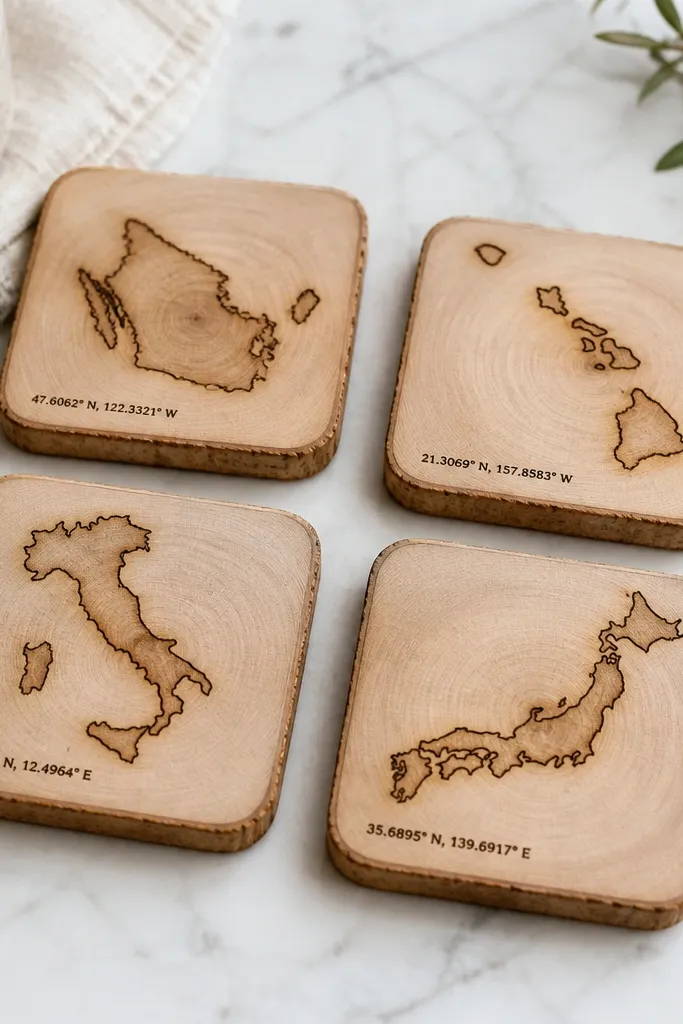 Four square coasters made from thin wood slices; each has a burned-into map outline and a small coordinate label in black ink on the corner.