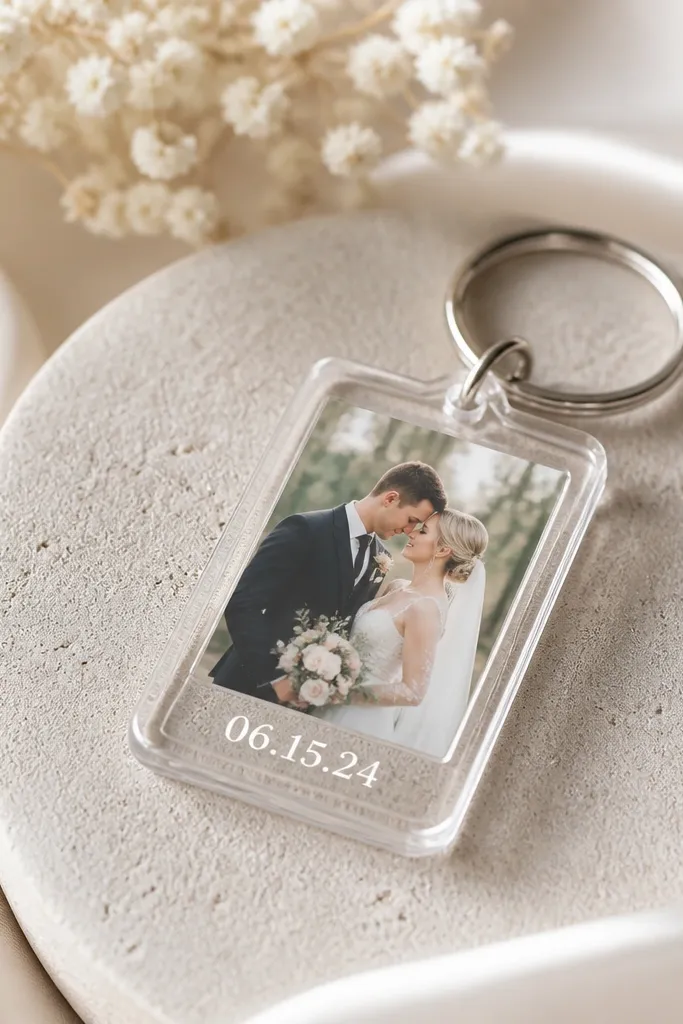 A clear acrylic keychain with a small photo in the center and the wedding date in white text; the photo edges look neatly sealed.