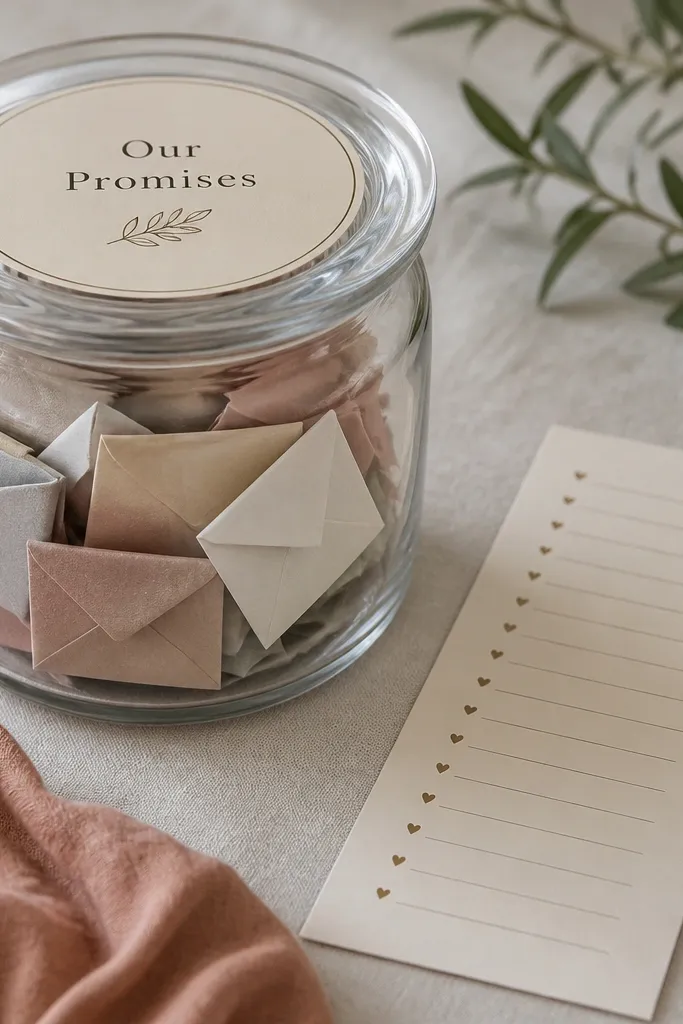 A clear glass jar filled with small folded mini envelopes; the jar lid has a label reading "Our Promises" and a strip of cardstock with 12 prompts.