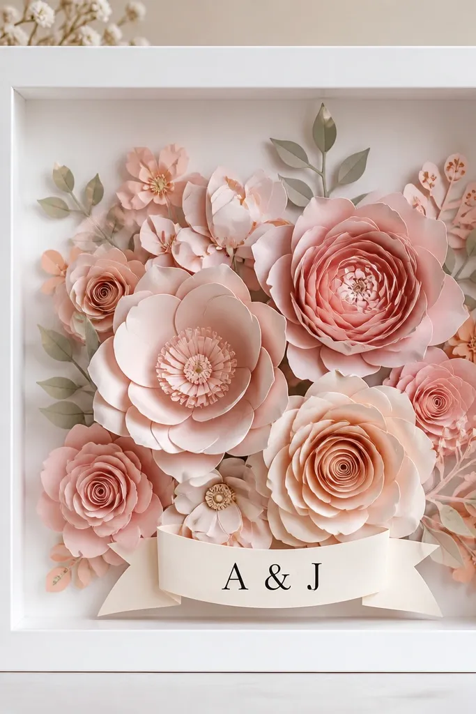 A white shadowbox frame filled with layered paper flowers in blush pink and soft peach; a small banner at the bottom reads their initials in black.