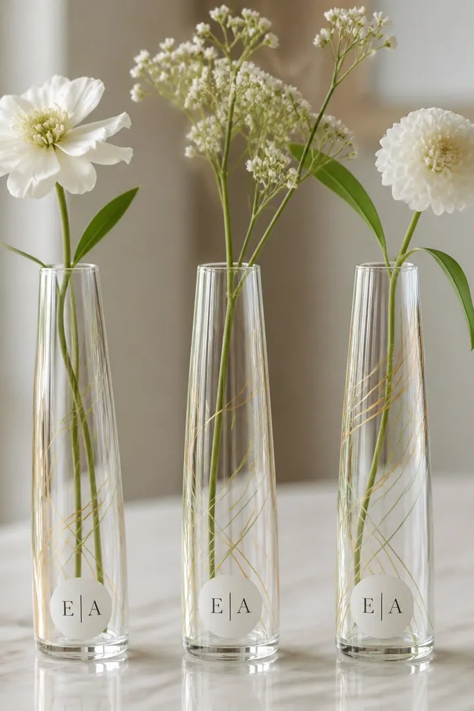 Three slim clear bud vases with hand-painted thin lines in gold and sage; each vase has a small label with the couple's initials in black.
