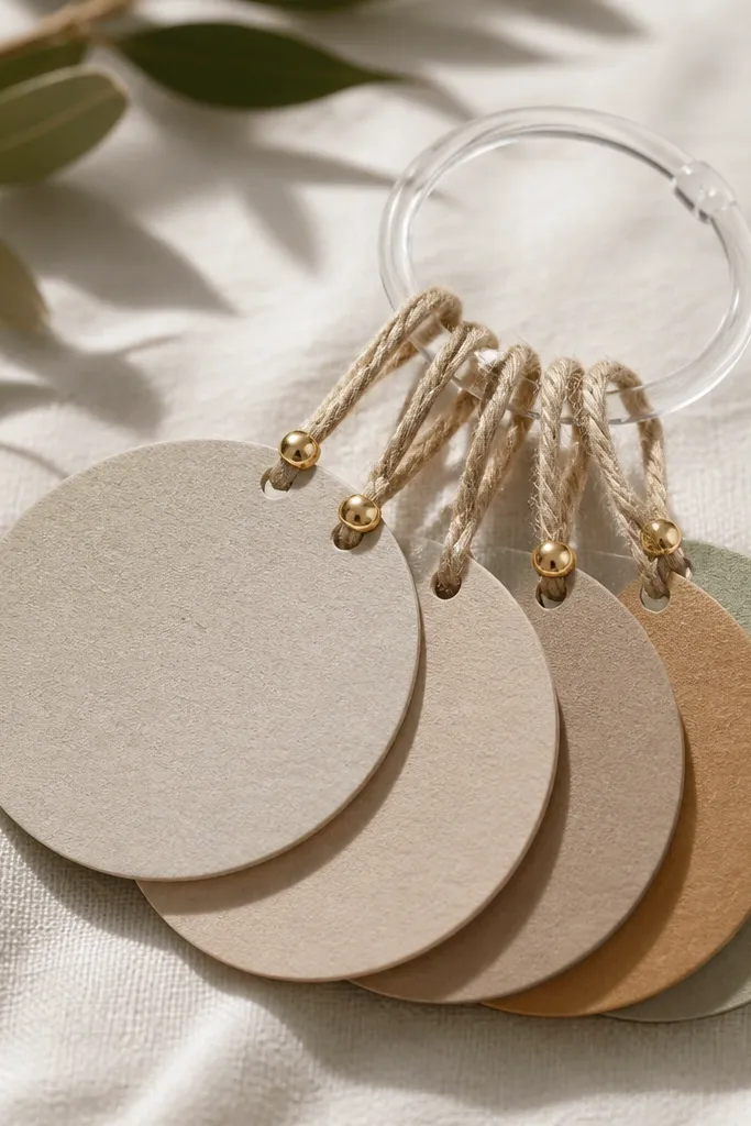 Set of small cardstock tags shaped like circles with initials; each tag has a twine loop and a tiny gold bead, attached to a clear ring.