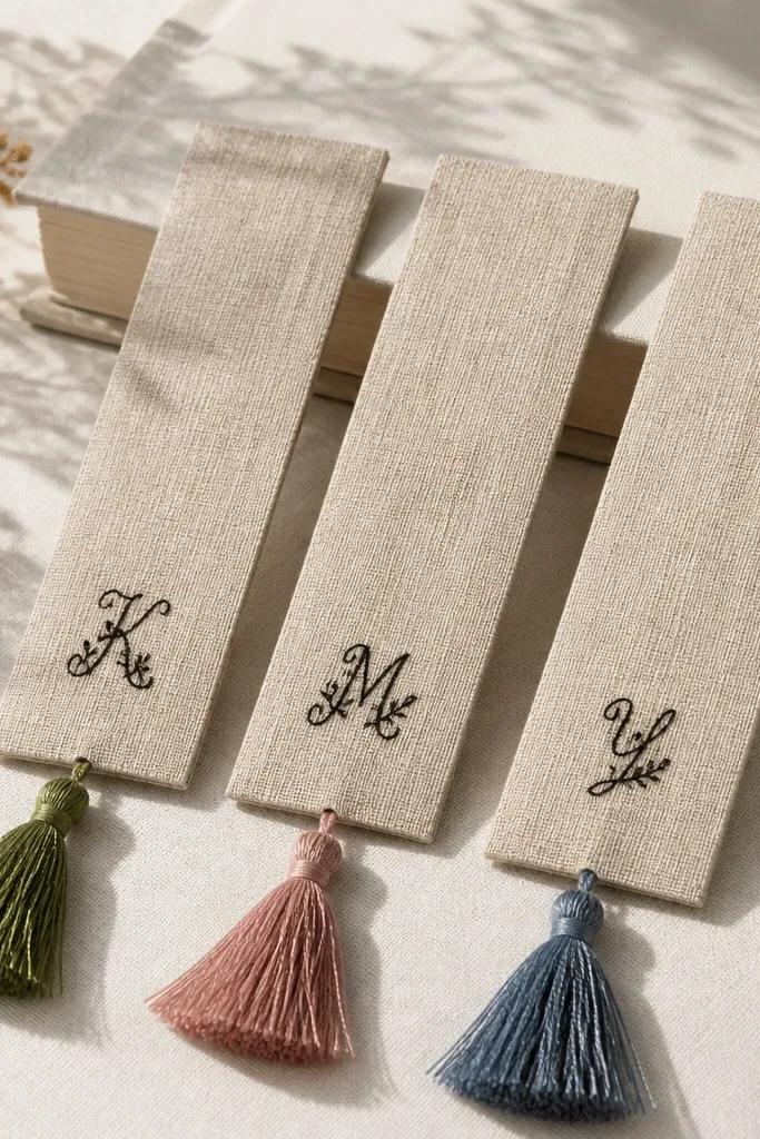 A set of three beige linen bookmarks with small embroidered initials in black thread and tiny tassels at the bottom; each bookmark has a different tassel color.