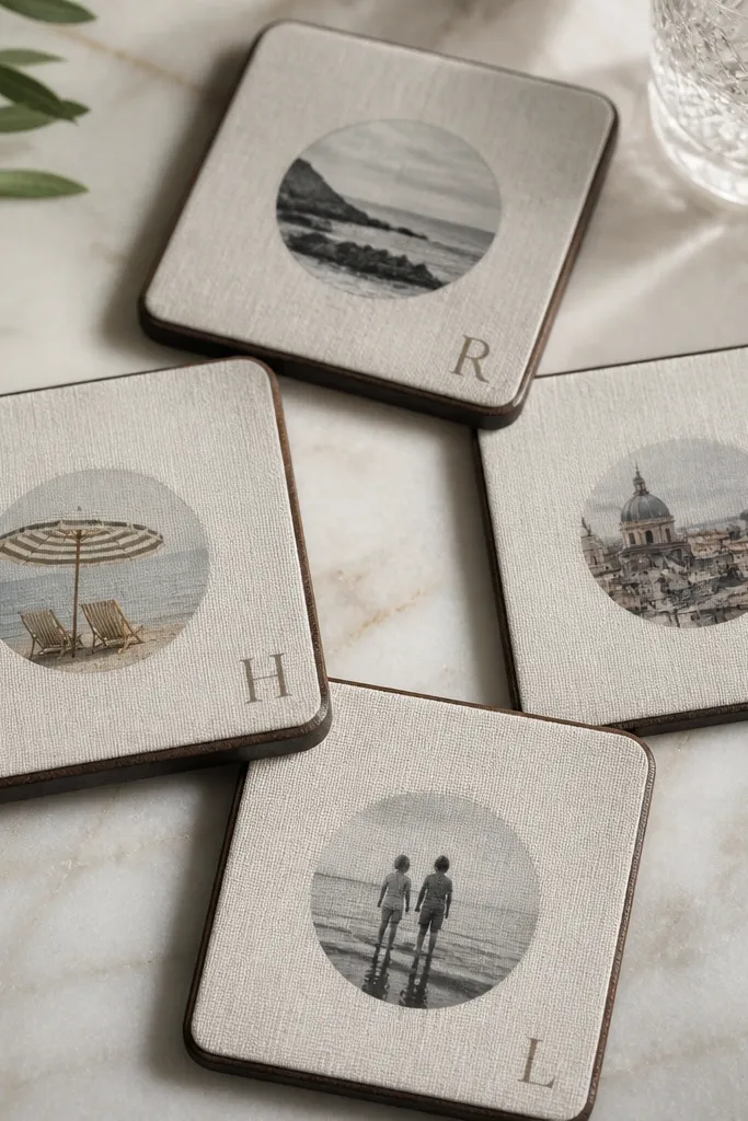 Four square coasters. Each has a linen-look fabric top with a small printed photo circle in the center and a monogram in the corner. Edges are inked brown and the sides are sealed matte.