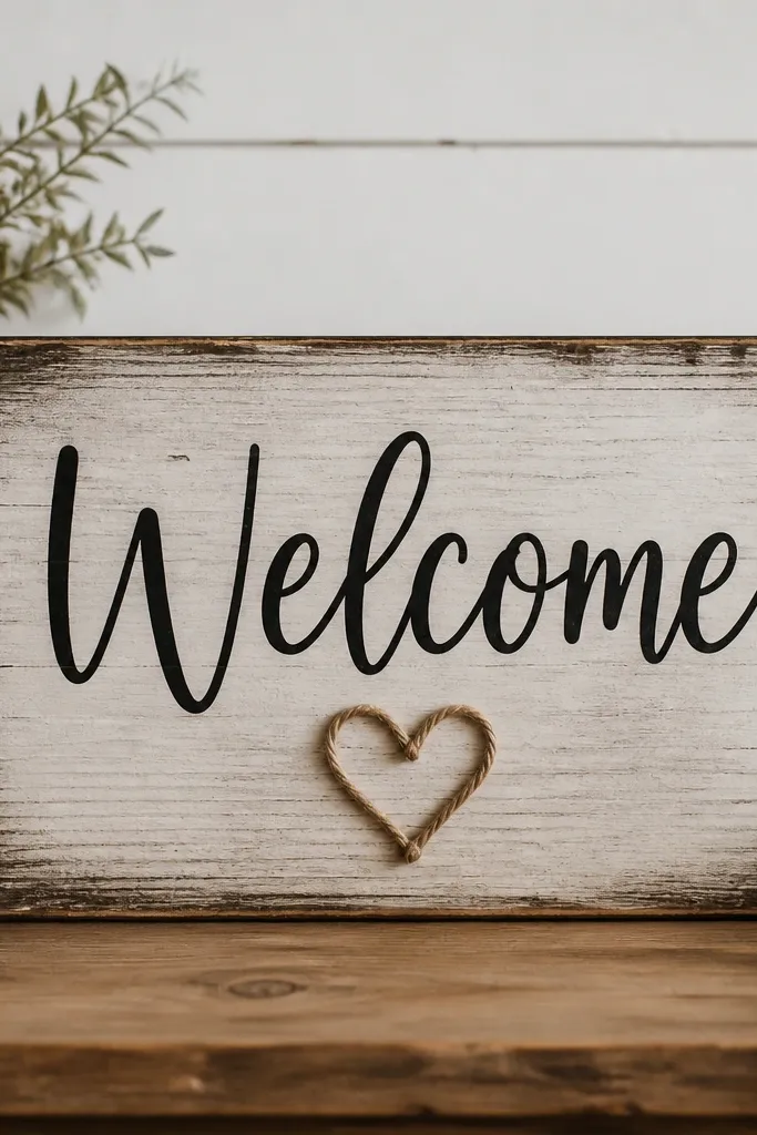 A rectangular sign on a faux reclaimed wood board. It reads "Welcome" in black hand-lettering with a small heart made from twine below. The edges have a dark stain wash and the corners show light distressing.