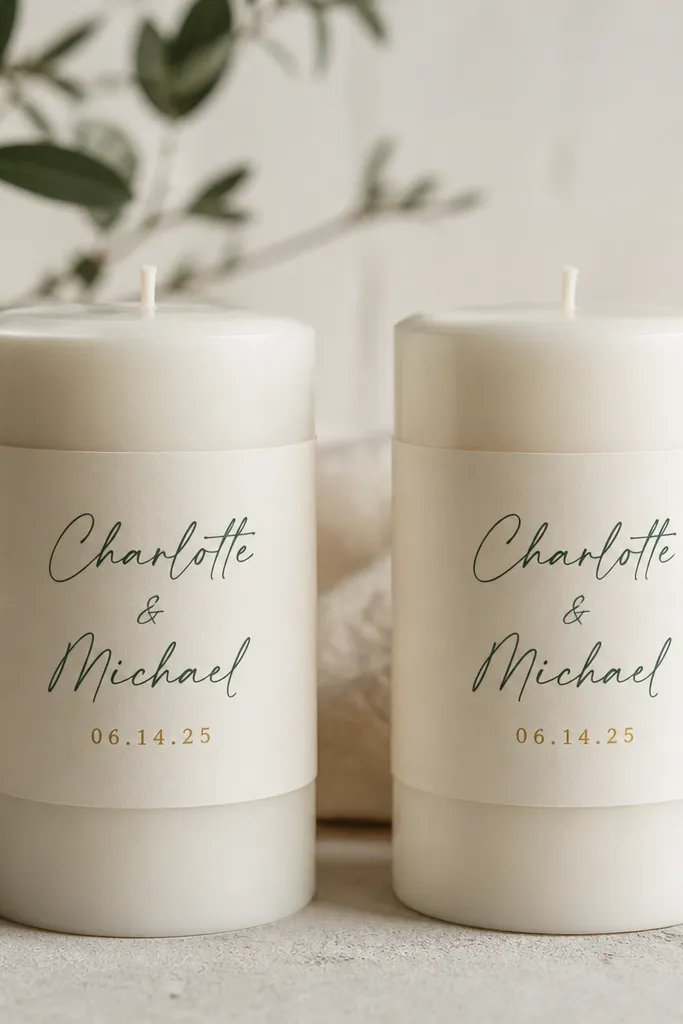 Two pillar candles wrapped with cream label strips. Each label has the couple's names in dark green script and a small date line in gold foil effect. The labels sit straight and snug around the candle.