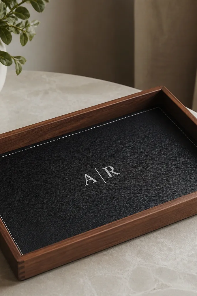 A shallow tray with a walnut-stained wooden base and a black faux leather insert. The couple's initials are stamped in white paint on the leather. There are small stitched-looking edge lines.