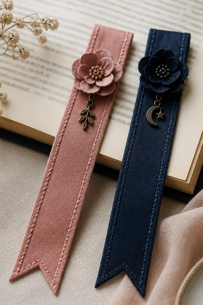 Two fabric bookmarks. Each is a long ribbon-like strip with a stitched edge, layered with a small fabric flower and a tiny charm near the top. Colors are dusty rose and deep navy.