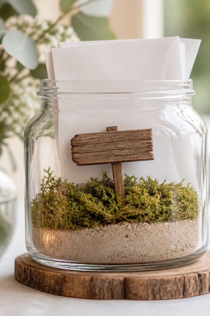 A small glass jar turned into a card holder. Inside is a layer of sand, a tuft of faux moss, and a tiny wooden sign that says "Cards". The jar sits on a rustic wood base.
