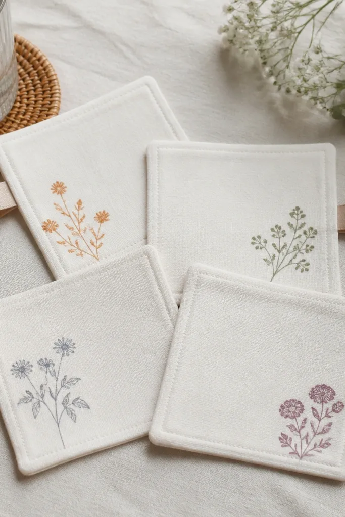 A set of four fabric coasters made from thick cotton. Each has a stamped floral pattern in one corner and a ribbon loop attached to the side for gifting.