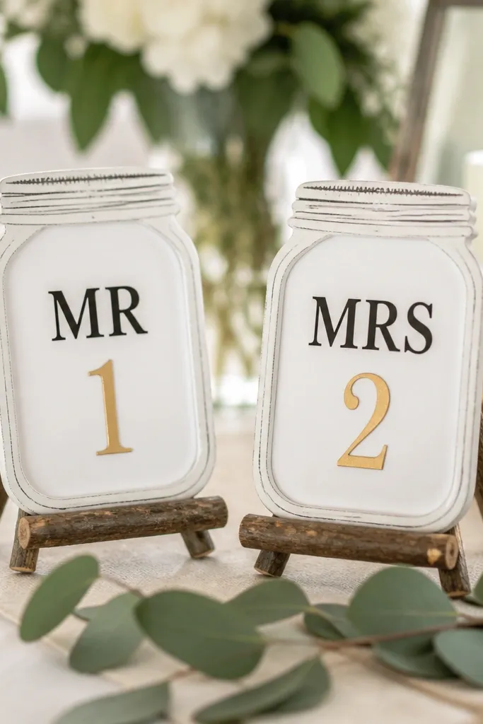 Two small mason jar frames with printed labels. The words "MR" and "MRS" are in bold black letters, with table numbers below in gold. They're propped on rustic wood sticks.