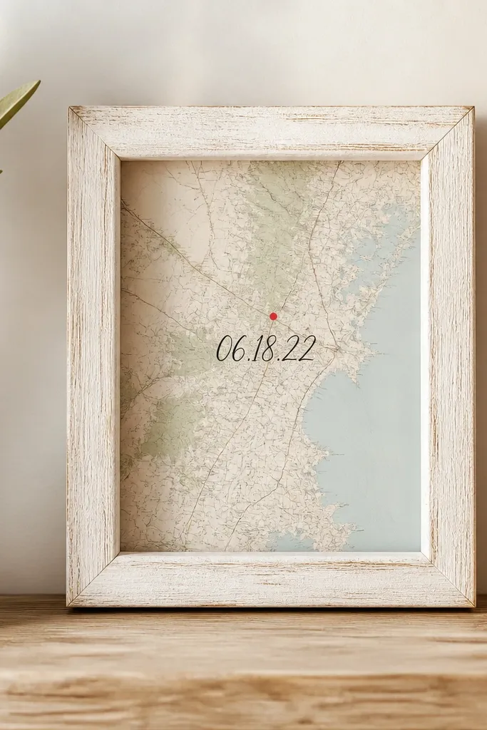 A small wall frame with a map print background. The couple's wedding date is written in black ink in the center, with a red dot marking a location. The frame looks like whitewashed wood.