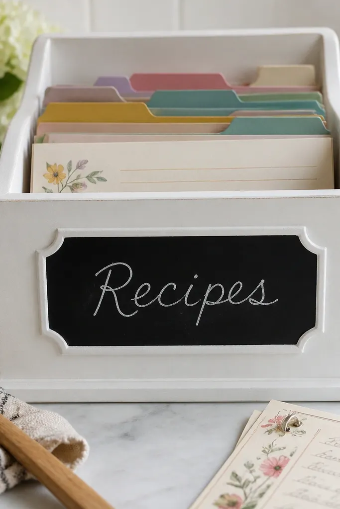 A wooden recipe card box painted matte white with a small chalkboard panel on the front. The panel has "Recipes" written in neat white chalk script. Inside, dividers are color-coded.