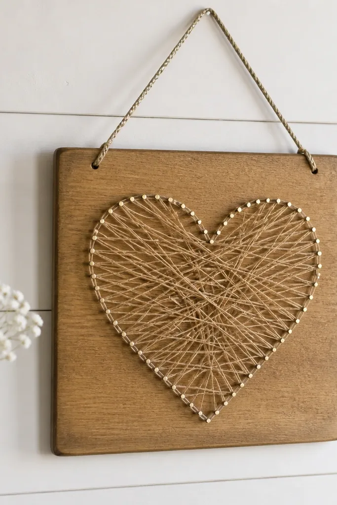 A small wooden board with a heart made from tan twine. Hundreds of tiny tacks form a dotted outline. The board is stained light brown and hung with a braided cord.
