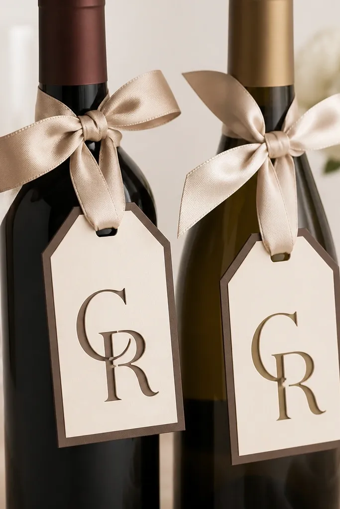 Two layered cardstock bottle tags. Each tag has a cream base, a darker border, and the couple's initials cut out with a small window. A satin ribbon ties around the neck.