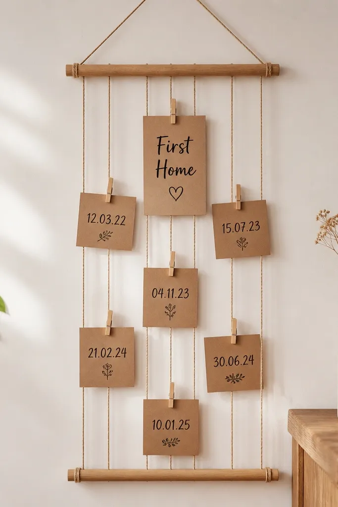 A wall hanging with two dowels at top and bottom. Between them are multiple lengths of twine holding small cards with "First Home" and dates. The cards are kraft with black ink and a few tiny clothespins.