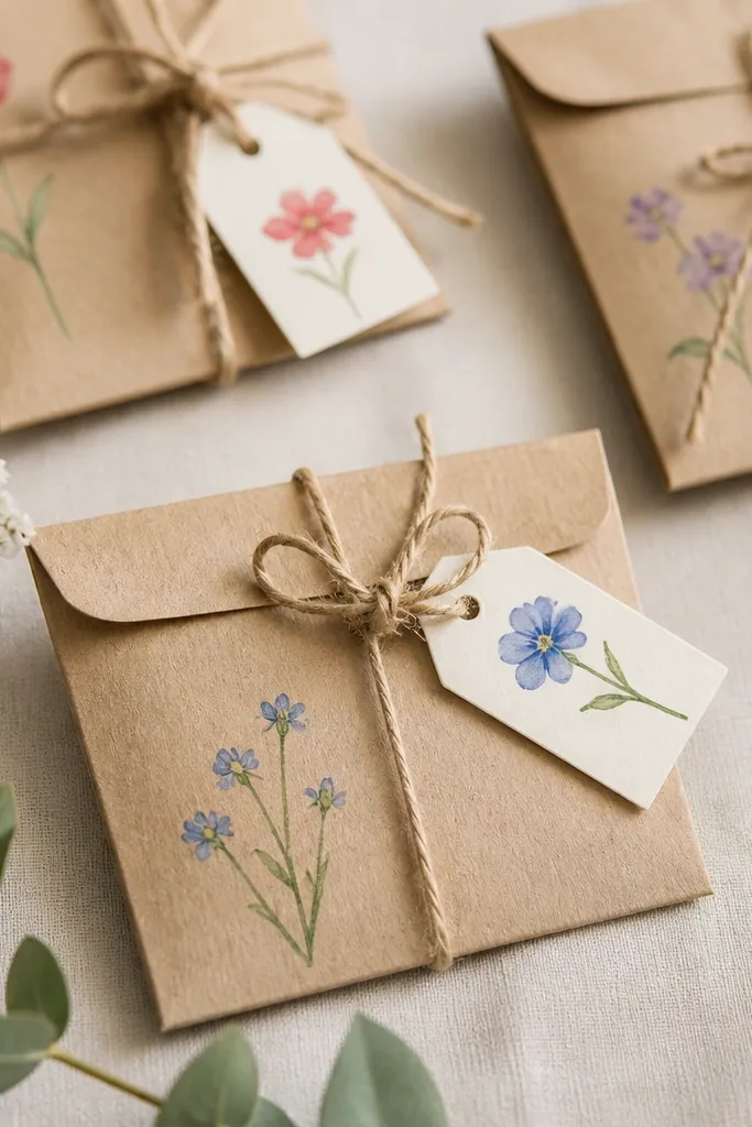 Mini seed packets in small kraft envelopes. Each has a watercolor-style flower spot and a tag tied with twine that says a wedding date and a short message.