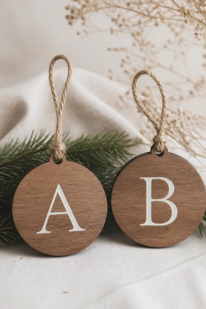 Two small wooden ornaments with circular shapes. Each has a monogram cut or painted in white. They hang from jute twine loops and sit with a matte finish.