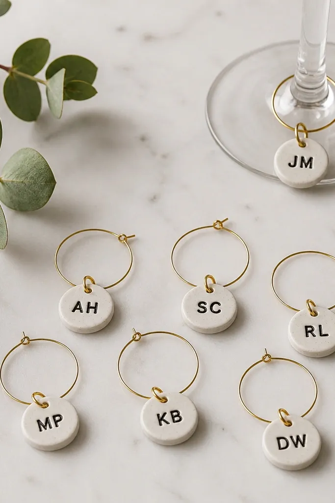 Set of six wine glass charms. Each has a small polymer clay disk with tiny initials in black and a brass ring at the top. They hang from a thin wire loop.