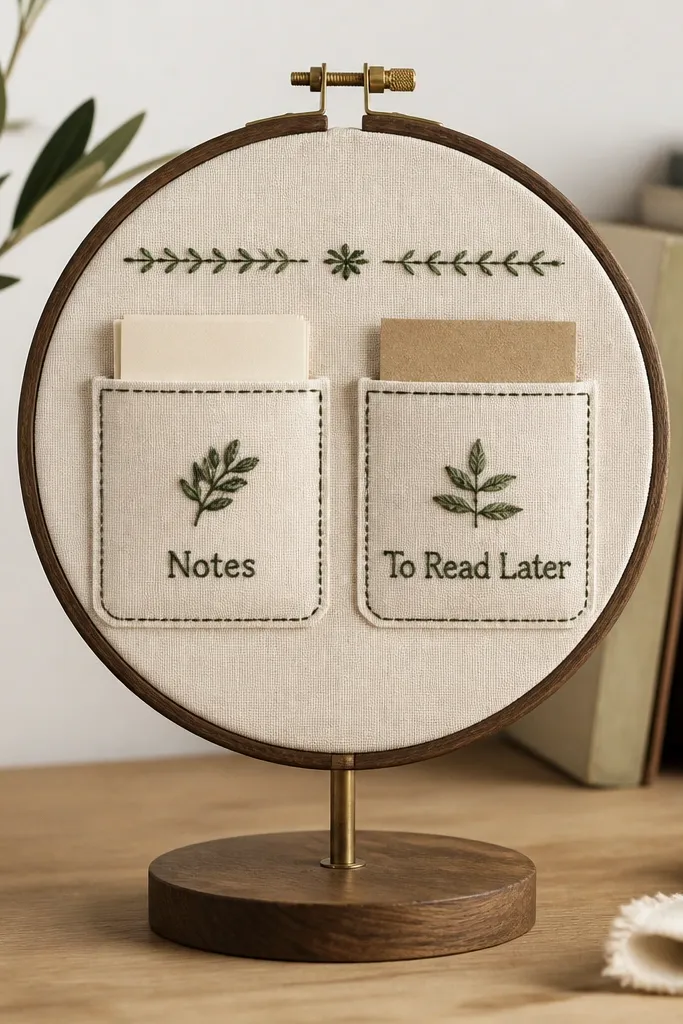 A small embroidery hoop mounted on a stand. Inside is a fabric panel with two stitched pockets labeled "Notes" and "To Read Later". The fabric is cream linen-look with dark green stitching.