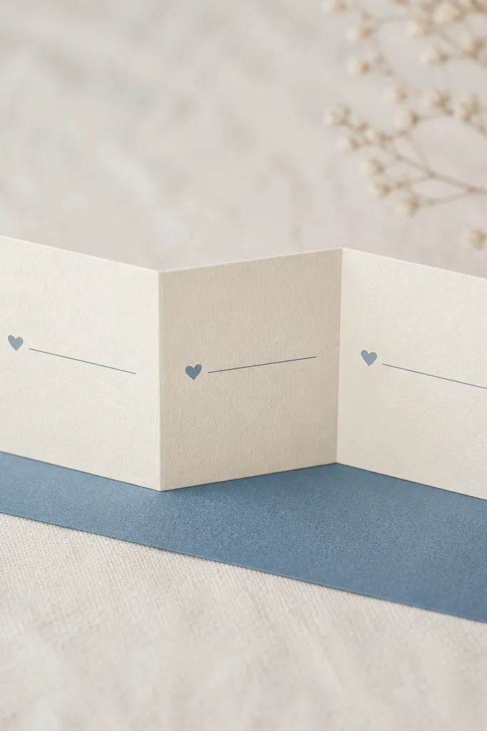 A small accordion-fold card with three panels. Each panel has a song title written like a playlist, with a tiny heart icon. The card is cream cardstock with a muted blue background strip.