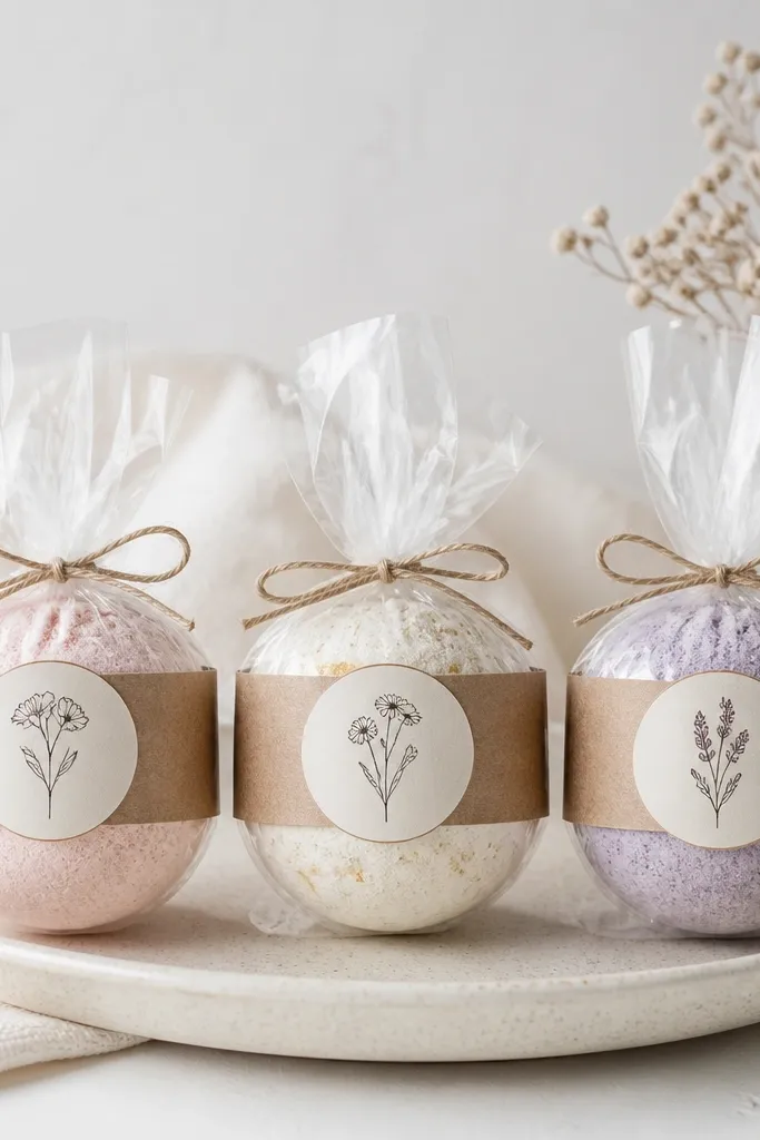 A set of three bath bombs wrapped in clear cellophane with kraft belly bands. Each band has a custom label sticker showing the couple's names and a small line drawing of a flower. The labels look clean and aligned.