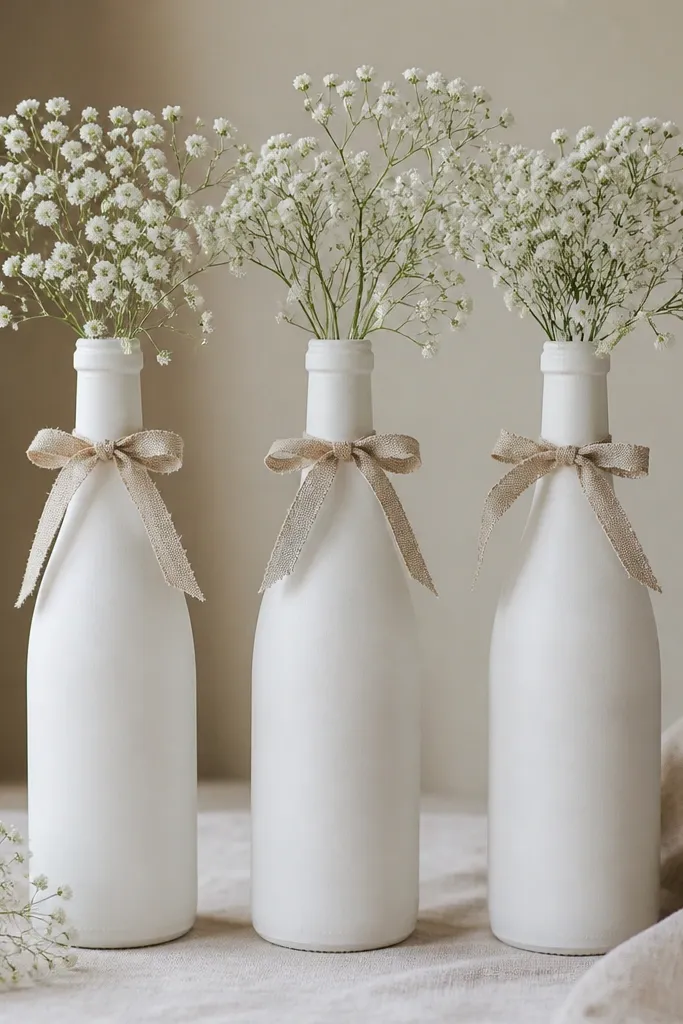 Three wine bottles painted matte warm white, each wrapped around the neck with a thin strip of natural linen ribbon tied in a simple bow; small baby's breath blooms sit in the openings.