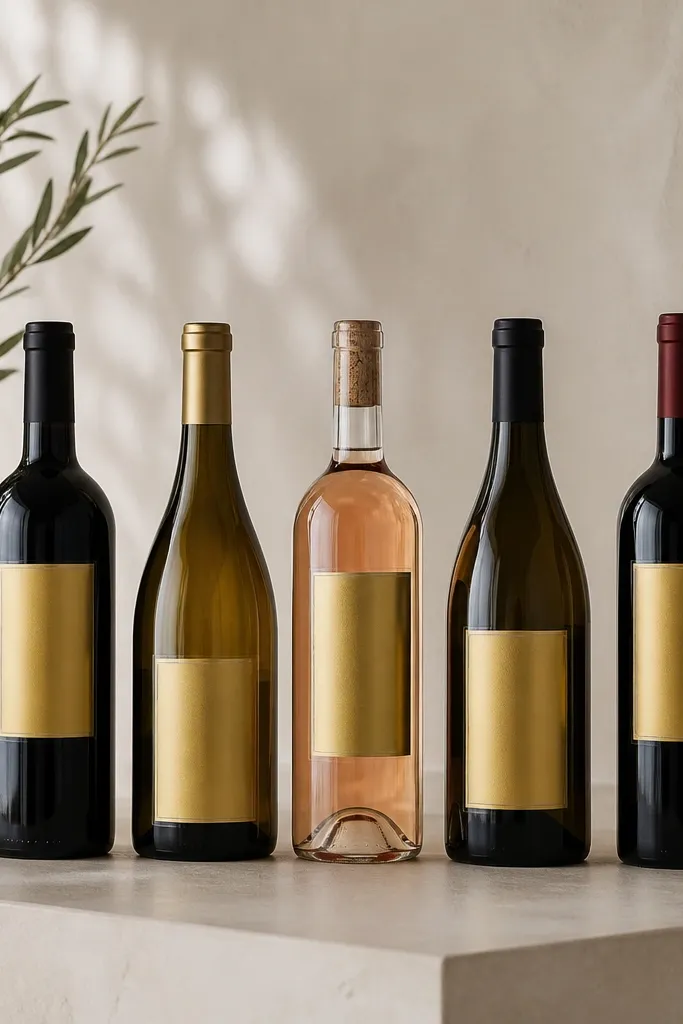A set of wine bottles with gold foil rectangles on the front; each label sits straight and crisp with a clear tape border, and the bottles have a clean, natural glass look.