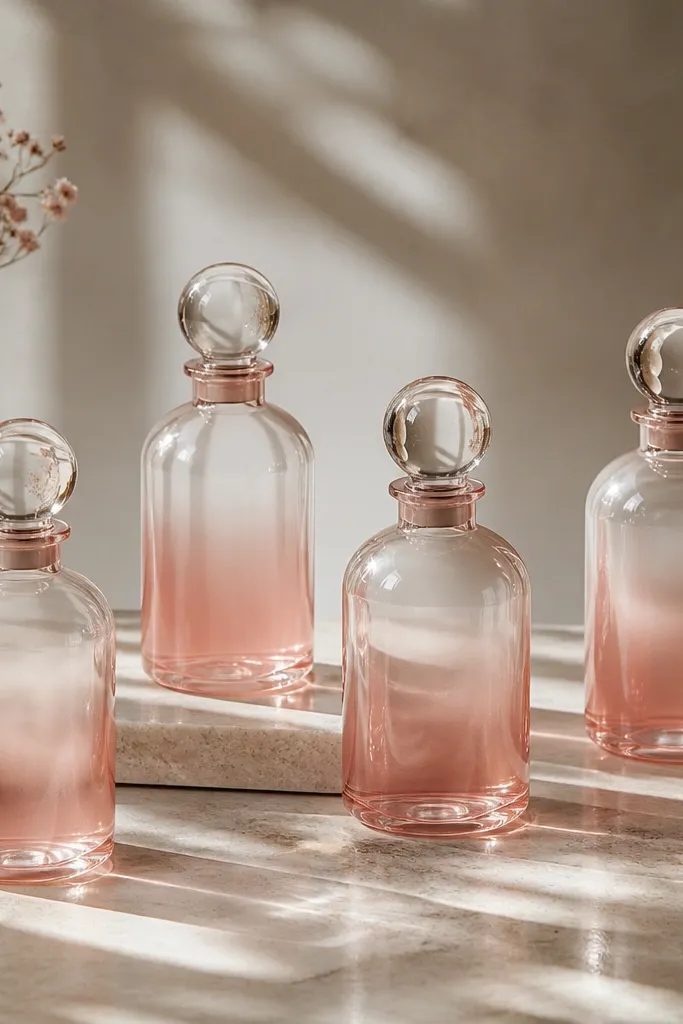 Four bottles sprayed with a soft ombre fade from deep blush at the bottom to clear glass at the top; the bottoms catch light with a satin sheen.