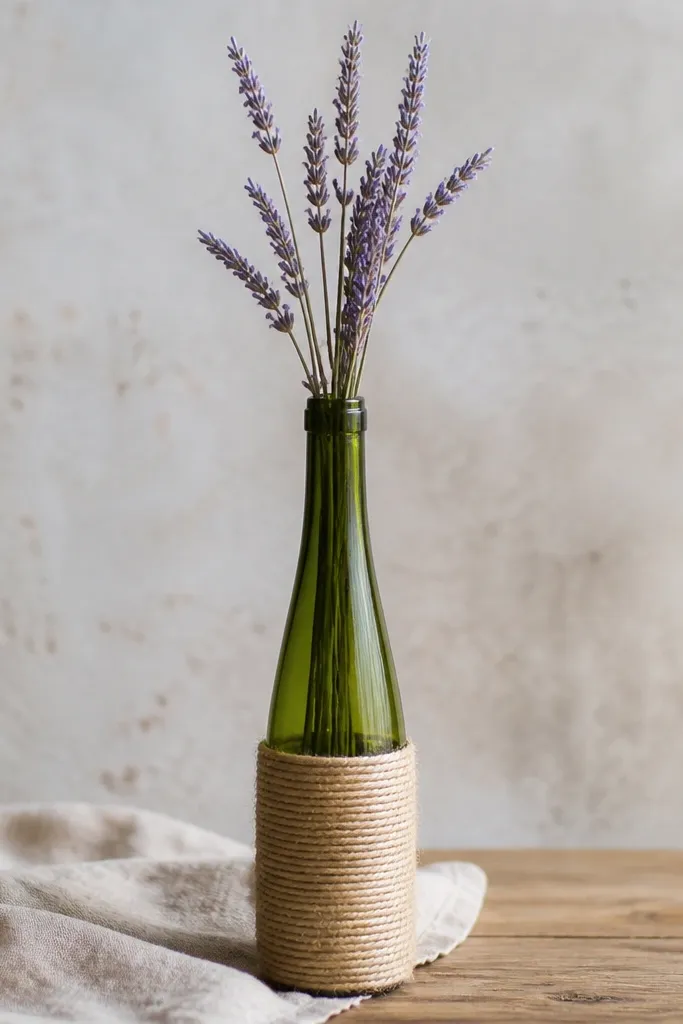 A slim wine bottle wrapped in natural twine spirals around the lower half; dried lavender sprigs poke out from the top opening.