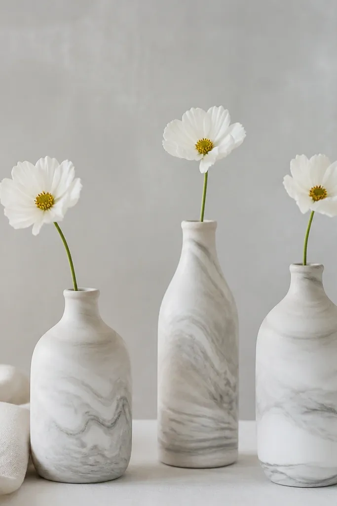 Three bottles with a marble-like pattern: milky white base with soft gray swirls, finished with a satin coat; each has a single white flower stem.